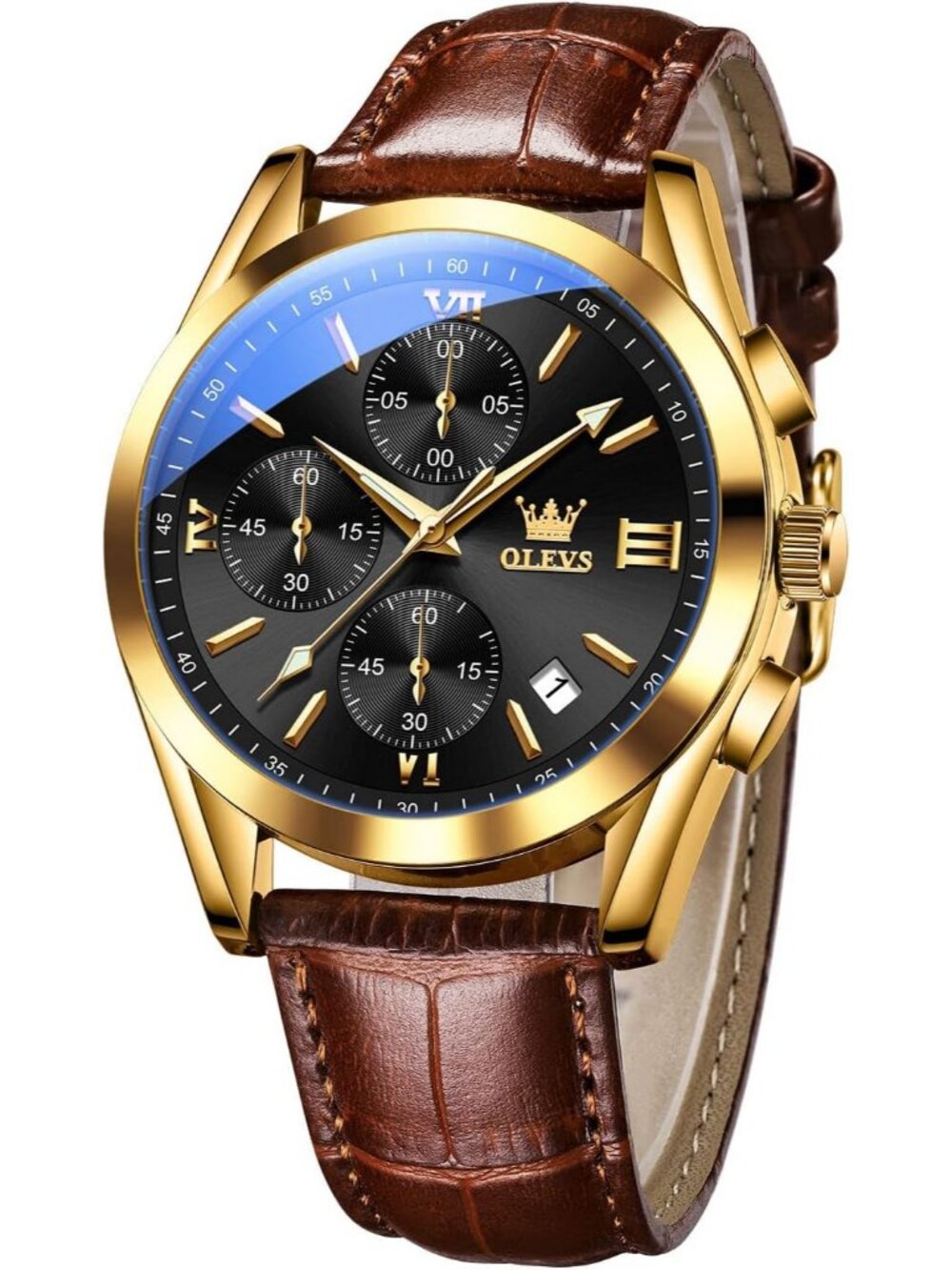 Men's Black Brown Leather Chronograph Watch Big Face Waterproof Luminous Watch